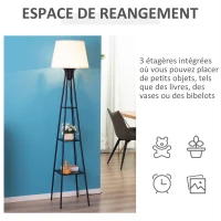 HOMCOM Lampadaire design contemporain avec 3 étagères de rangement douille E27 40 W interrupteur à pédale inclus abat-jour tissu métal 35 x 35 x 173 cm beige et noir(m-5)