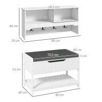 HOMCOM Mobila Cuier de Perete cu Banca Suport pentru Pantofi Dotata cu Cuburi de Perete, 4 Carlige si Raft Retractabil, 80x20x40 cm, Alb(m-3)