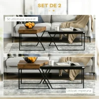 HOMCOM Set 2 Masute de Cafea din PAL si Otel in Stil Industrial, Masa Neagra 80x60x42 cm si Masa Maro 60x60x46 cm(m-4)