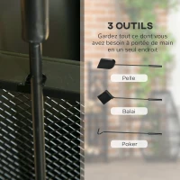 Outsunny Range-bûches porte bûches sur roulettes avec accessoires pelle balai et tisonnier 37,5 x 37,5 x 80 cm noir(m-5)