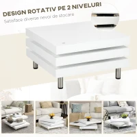HOMCOM Masuta de Cafea pentru Salon si Camera de Zi, cu 3 Niveluri din MDF cu 2 Blaturi Rotative, 60x60x33.5 cm, Alb Lucios(m-5)