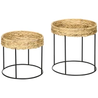 HOMCOM Lot de 2 tables gigognes tables basses rondes style bohème plateau en jacinthe d'eau tressée et pied rond en acier noir(m-1)