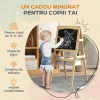 AIYAPLAY Sevalet pentru Copii cu Rola de Hartie, Sevalet cu Tabla Alba si Tabla pentru Scris cu Creta cu Doua Fete, Sevalet de Arta de Desen 3 in 1 pentru Copii de 3-6 ani, Finisaj din Lemn Natur(m-6)