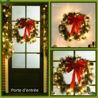 HOMCOM Couronne de Noël artificielle 60 cm, 50 LED avec 8 pommes de pin et 1 nœud ruban rouge(m-7)