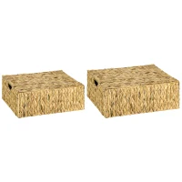 HOMCOM Lot de 2 boites de rangement en jacinthe d'eau avec couvercle et poignées 2 tailles différentes design bohème naturel(m-1)