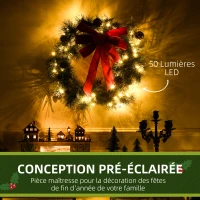 HOMCOM Couronne de Noël artificielle 60 cm, 50 LED avec 8 pommes de pin et 1 nœud ruban rouge(m-6)