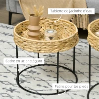 HOMCOM Lot de 2 tables gigognes tables basses rondes style bohème plateau en jacinthe d'eau tressée et pied rond en acier noir(m-6)