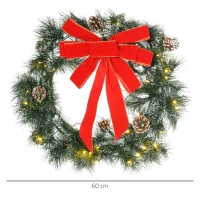 HOMCOM Couronne de Noël artificielle 60 cm, 50 LED avec 8 pommes de pin et 1 nœud ruban rouge(m-3)
