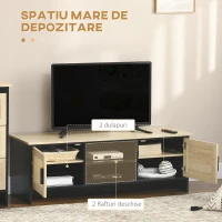 HOMCOM Dulap Suport TV Pana la 60" cu 2 Dulapioare si Rafturi Deschise, Mobilier de Sufragerie Stil Boho cu Insertii de Ratan, 120x40x42 cm(m-4)