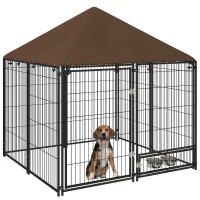 PawHut Parque para Cães com Toldo com Suporte Giratório para Comida 2 Tigelas Incluídas 141x141x151 cm Preto Marrom(m-10)