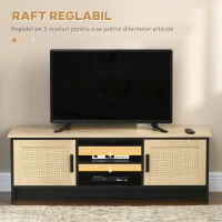 HOMCOM Dulap Suport TV Pana la 60" cu 2 Dulapioare si Rafturi Deschise, Mobilier de Sufragerie Stil Boho cu Insertii de Ratan, 120x40x42 cm(m-5)