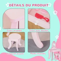 HOMCOM Coiffeuse Enfant Design Girly avec Motifs à Coeur - Tabouret Inclus - dim. 60L x 36l x 88H cm - tiroir, Miroir - MDF - Rose(m-5)