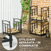 Outsunny Suport de Lemne de Foc cu 3 Niveluri, Utilizati  Separat /in Combinatie, Raft de Depozitare a Bustenilor de Stivuire a Bustenilor, cu carlige de Agatat pentru Unelte, Negru(m-4)