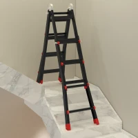 HOMCOM Escada Telescópica de Alumínio 4 m Escada Extensível Dobrável com 4 Degraus Ajustáveis Preto e Vermelho(m-8)