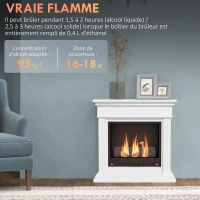 HOMCOM Cheminée à l'éthanol bioéthanol 3 brûleurs 0,4L couverture 16-18 ㎡ autonomie environ 2h - blanc(m-4)