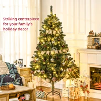 HOMCOM 6' Artificial Prelit Christmas Trees Holiday Décor with Warm White LED Lights, Decoration, Banner, Tag, Ball(m-4)