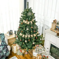 HOMCOM 6' Artificial Prelit Christmas Trees Holiday Décor with Warm White LED Lights, Decoration, Banner, Tag, Ball(m-9)