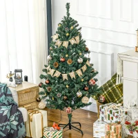HOMCOM 5' Artificial Prelit Christmas Trees Holiday Décor with Warm White LED Lights, Decoration, Banner, Tag, Ball(m-9)
