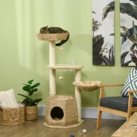 PawHut Cat Tree Activity Centre, with Cattail, Bed, Cat House, Sisal Post, Ball - Natural Tone(m-2)