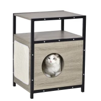 PawHut Casa para Gatos de Madeira com Aparência de Mesa Auxiliar Caverna com Almofada Extraível Porta com Orifício e Tapete Arranhador 48x40x64,5cm Carvalho Cinza(m-1)