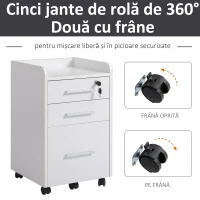 HOMCOM Comoda Suport pentru Documente de Birou cu 3 Sertare Etajera 5 Roti Alb(m-7)