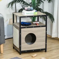 PawHut Casa para Gatos de Madeira com Aparência de Mesa Auxiliar Caverna com Almofada Extraível Porta com Orifício e Tapete Arranhador 48x40x64,5cm Carvalho Cinza(m-2)