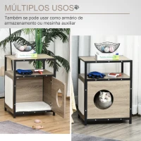 PawHut Casa para Gatos de Madeira com Aparência de Mesa Auxiliar Caverna com Almofada Extraível Porta com Orifício e Tapete Arranhador 48x40x64,5cm Carvalho Cinza(m-5)