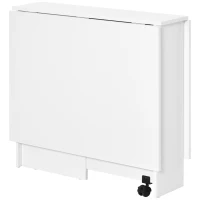 HOMCOM Mesa de Sala de Jantar Dobrável Mesa de Madeira com 2 Prateleiras de Armazenamento e Rodas para Cozinha 75x140x74 cm Branco(m-10)