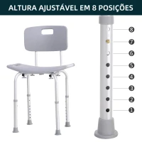 HOMCOM Cadeira para Duche Antiderrapante com Altura Ajustável em 8 Níveis Cadeira de Banho 50,6x43x71-88 cm Cinza(m-4)
