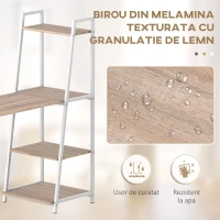 HOMCOM Birou Biblioteca 4 Rafturi Blat Mare Pliabil Lemn Metal Alb Stejar(m-6)