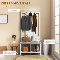 HOMCOM Móvel Cabide de Entrada de Madeira Móvel de Entrada com Banco 2 Prateleiras e 3 Ganchos para Pendurar 80,5x40x168 cm Branco(m-4)