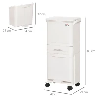 HOMCOM Cubo de Basura y Reciclaje 45L Basurero Móvil con Ruedas 4 Compartimentos Cajón Apertura y Cierre Fácil con Pulsador y Pedal 42x29x83 cm Blanco(m-3)