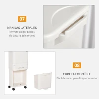 HOMCOM Cubo de Basura y Reciclaje 45L Basurero Móvil con Ruedas 4 Compartimentos Cajón Apertura y Cierre Fácil con Pulsador y Pedal 42x29x83 cm Blanco(m-7)