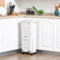 HOMCOM Cubo de Basura y Reciclaje 45L Basurero Móvil con Ruedas 4 Compartimentos Cajón Apertura y Cierre Fácil con Pulsador y Pedal 42x29x83 cm Blanco(m-2)