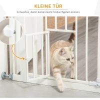 PawHut Deurhekje met Kattenluikje, Montage Zonder Boren, Variabele Breedte 74-80 cm, Met Één Hand Te Openen, Metaal, Wit(m-7)