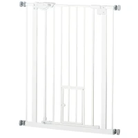 PawHut Deurhekje met Kattenluikje, Montage Zonder Boren, Variabele Breedte 74-80 cm, Met Één Hand Te Openen, Metaal, Wit(m-10)