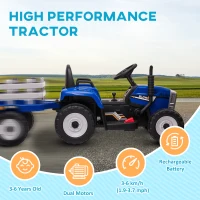 HOMCOM Ride On Tractor, Battery Powered Electric Car, with Detachable Trailer, Remote Control, Music - Blue(m-8)
