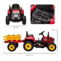 HOMCOM Ride On Tractor, Battery Powered Electric Car, with Detachable Trailer, Remote Control, Music - Red(m-3)