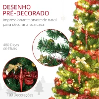 HOMCOM Árvore de Natal Artificial com 150 Luzes LED 480 Ramos com 100 Decorações Suporte de Aço Ø86x180 cm Verde(m-6)