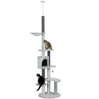 PawHut 255cm Floor to Ceiling Cat Tree with Scratching Posts, Height Adjustable Cat Tower with Hammock, House, Anti-tipping Kit, Perches, Toys, Grey(m-1)