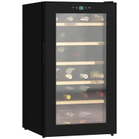 HOMCOM Weinkühlschrank klein Wohnzimmer für 24 Flaschen, einstellbare Temperatur 5 bis 20° C, LED-Beleuchtung, schwarz, 43 x 45 x 75 cm(m-10)