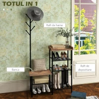 HOMCOM Cuier pentru Haine de Podea cu 6 Carlige din PAL si Otel cu Dulap de Pantofi cu mai multe Rafturi, 92.5x28.2x182 cm, Maro(m-4)