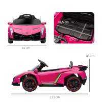 HOMCOM Elektrische Kinderauto, gelicentieerde Lamborghini Veneno, 3-7 km/u, Vleugeldeuren, Muziekspeler, Afstandsbediening, roze(m-3)