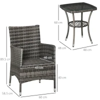 Outsunny 3 Pieces Rattan Bistro Set, Wicker Garden Furniture Set with 2-Tier Coffee Table and Chairs, Washable Cushions, for Outdoor Patio Balcony, Mixed Grey(m-3)