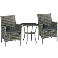 Outsunny 3 Pieces Rattan Bistro Set, Wicker Garden Furniture Set with 2-Tier Coffee Table and Chairs, Washable Cushions, for Outdoor Patio Balcony, Mixed Grey(m-11)