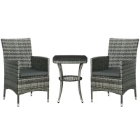 Outsunny 3 Pieces Rattan Bistro Set, Wicker Garden Furniture Set with 2-Tier Coffee Table and Chairs, Washable Cushions, for Outdoor Patio Balcony, Mixed Grey(m-1)