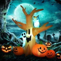 HOMCOM 240cm Large Halloween Scary Lighting Inflatable Tree Ghost 3 Pumpkins Owl 4 LED Indoor Outdoor Holiday Decoration(m-2)