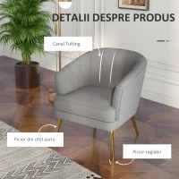 HOMCOM Scaun de Efect din Material Textil, Fotoliu din Catifea, Fotoliu Modern pentru Camera de Zi cu Picioare Metalice Aurii si Captuseala Groasa pentru Dormitor, Gri(m-5)