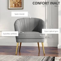 HOMCOM Scaun de Efect din Material Textil, Fotoliu din Catifea, Fotoliu Modern pentru Camera de Zi cu Picioare Metalice Aurii si Captuseala Groasa pentru Dormitor, Gri(m-4)