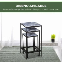 Outsunny Soportes para Plantas de Metal 3 Piezas Apilables Estantes Porta Macetas con Encimera de Azulejo Decorativa para Interiores y Exteriores 31,5x31,5x60,5 cm Azul y Negro(m-5)